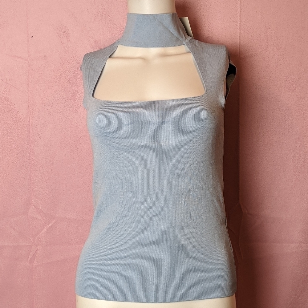 Zara Light Blue Ribbed High Neck Cut Out Square Neckline Top size Large